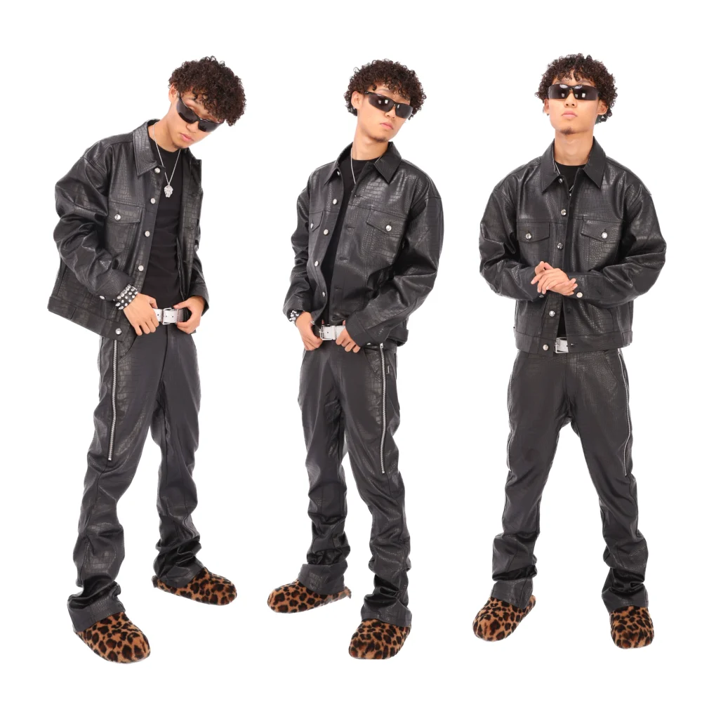 LILWET 24FW American lapel leather jacket Street casual imitation crocodile leather faux leather PU jacket - 图片 4