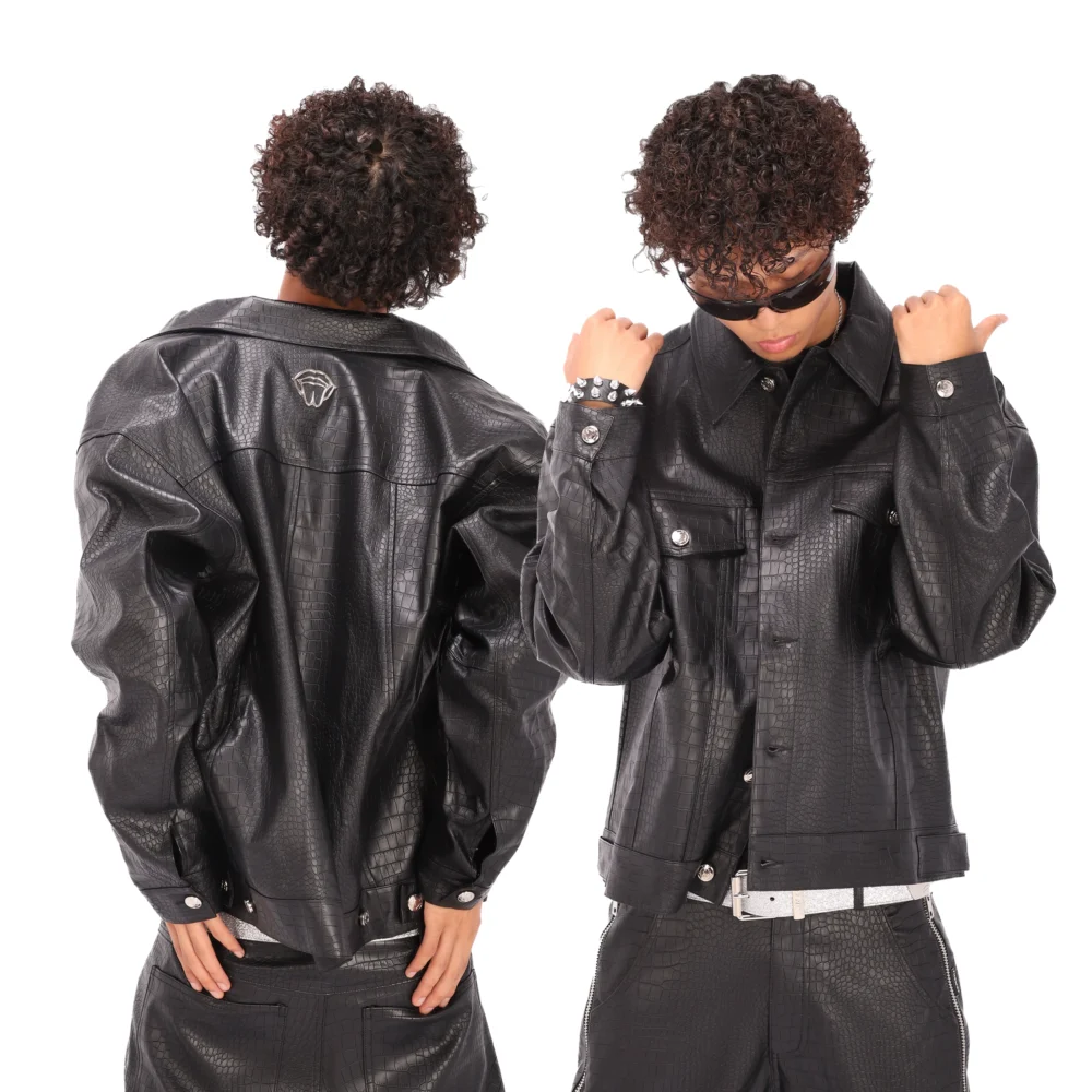 LILWET 24FW American lapel leather jacket Street casual imitation crocodile leather faux leather PU jacket