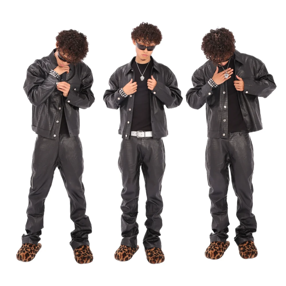 LILWET 24FW American lapel leather jacket Street casual imitation crocodile leather faux leather PU jacket - 图片 2